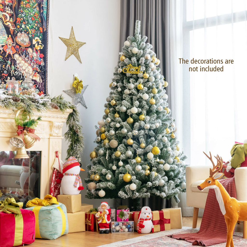 6 Ft Pre-lit Snow Flocked Christmas Tree with Metal Stand - Hinged Design