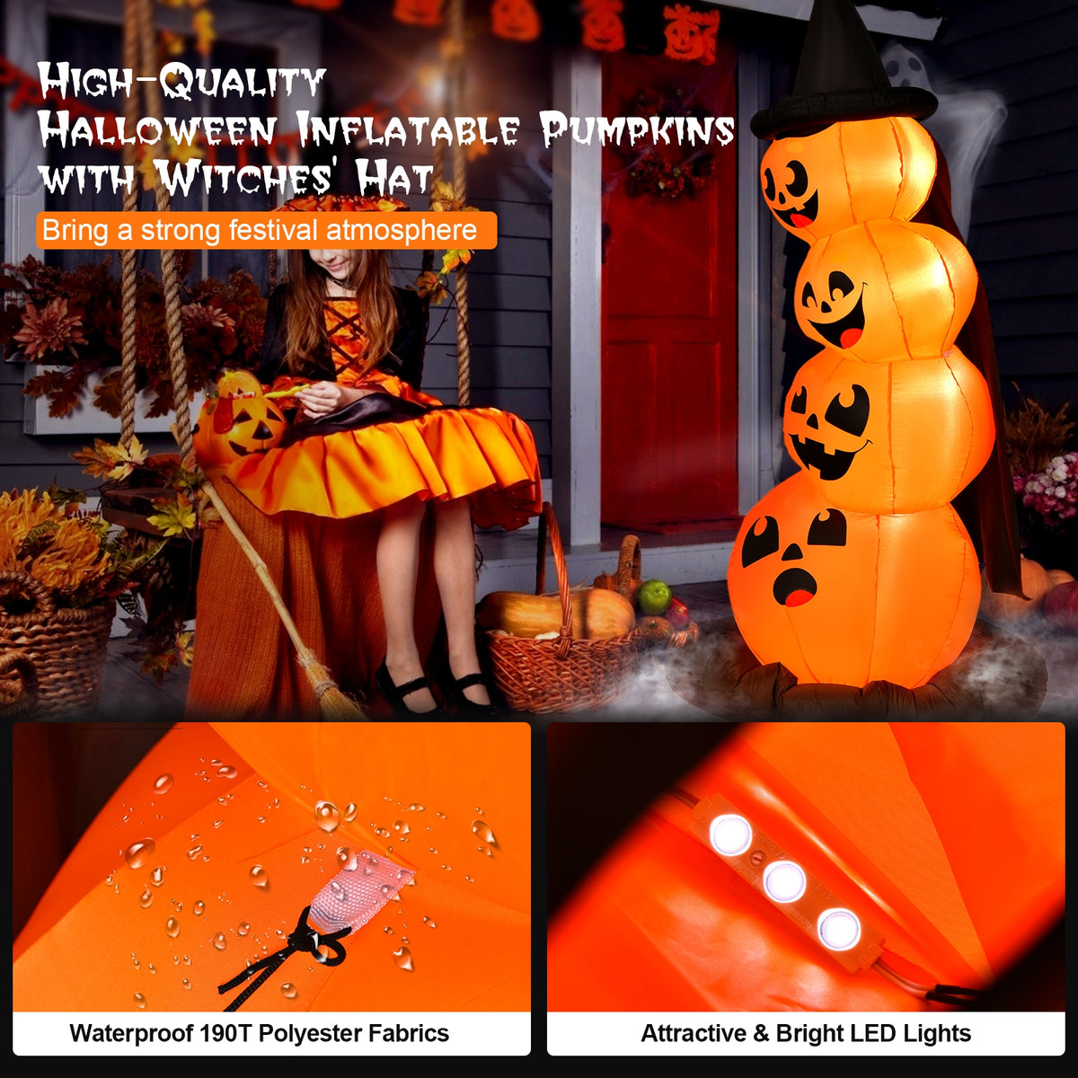 7 Feet Inflatable Pumpkin Combo with Witch's Hat & LED Lights - 4 Pumpkins Variation