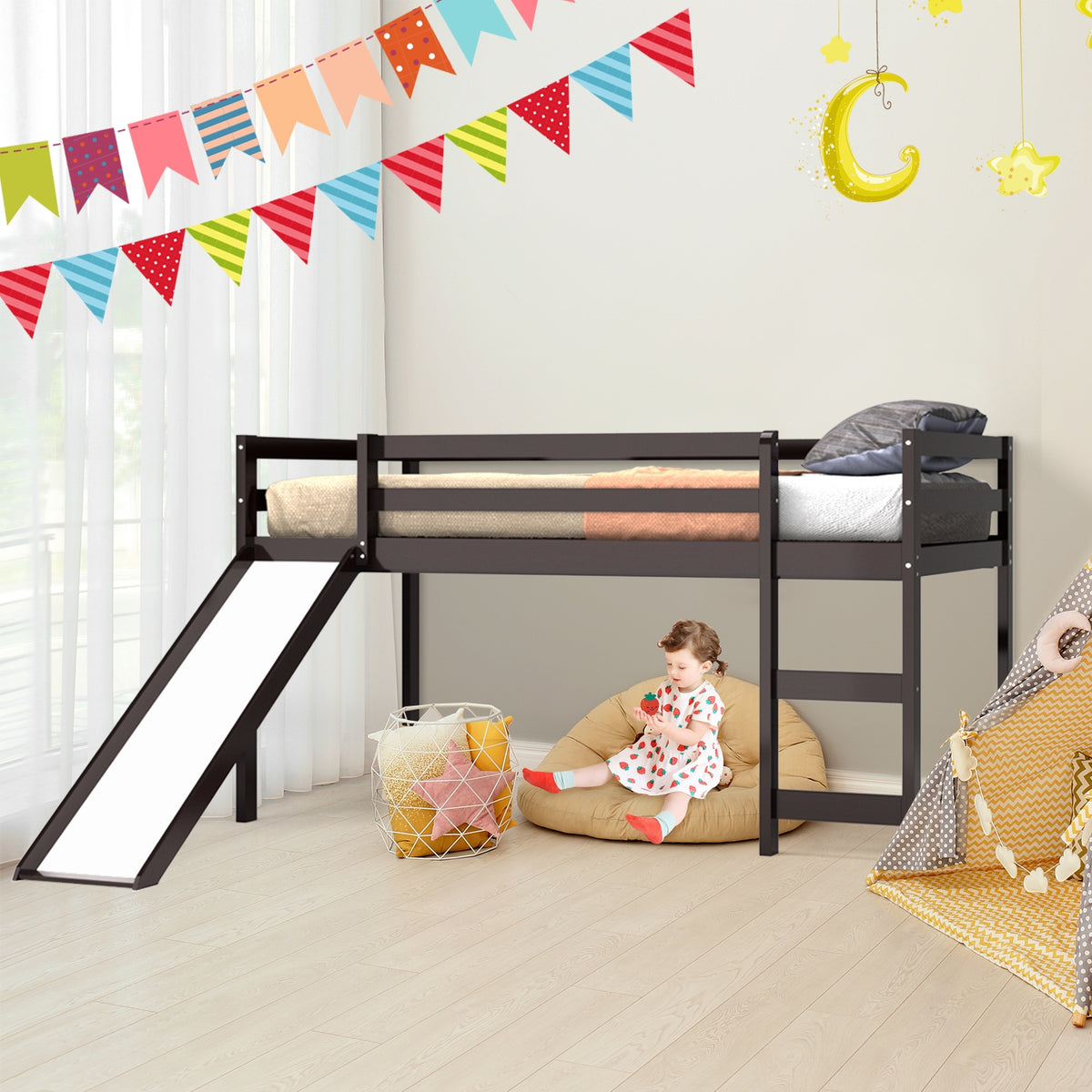 Twin Size Low Loft Bed with Slide and Ladder - Dark Brown