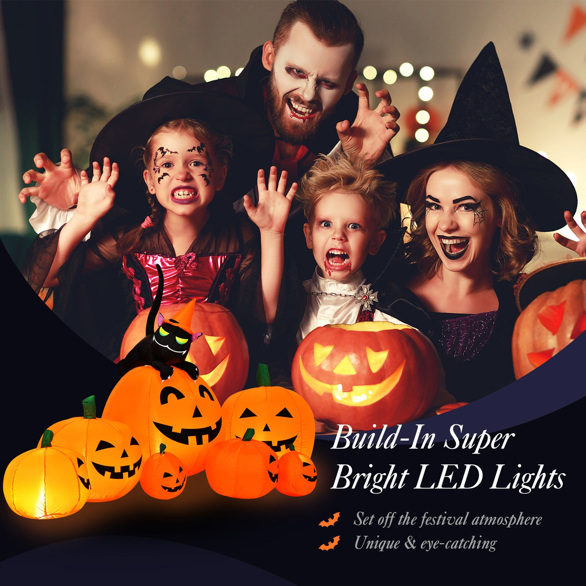 Halloween Inflatable Pumpkin Combo with Witch and Black Cat - 7.5 Feet, Includes Variation of 7 Pumpkins with Cat