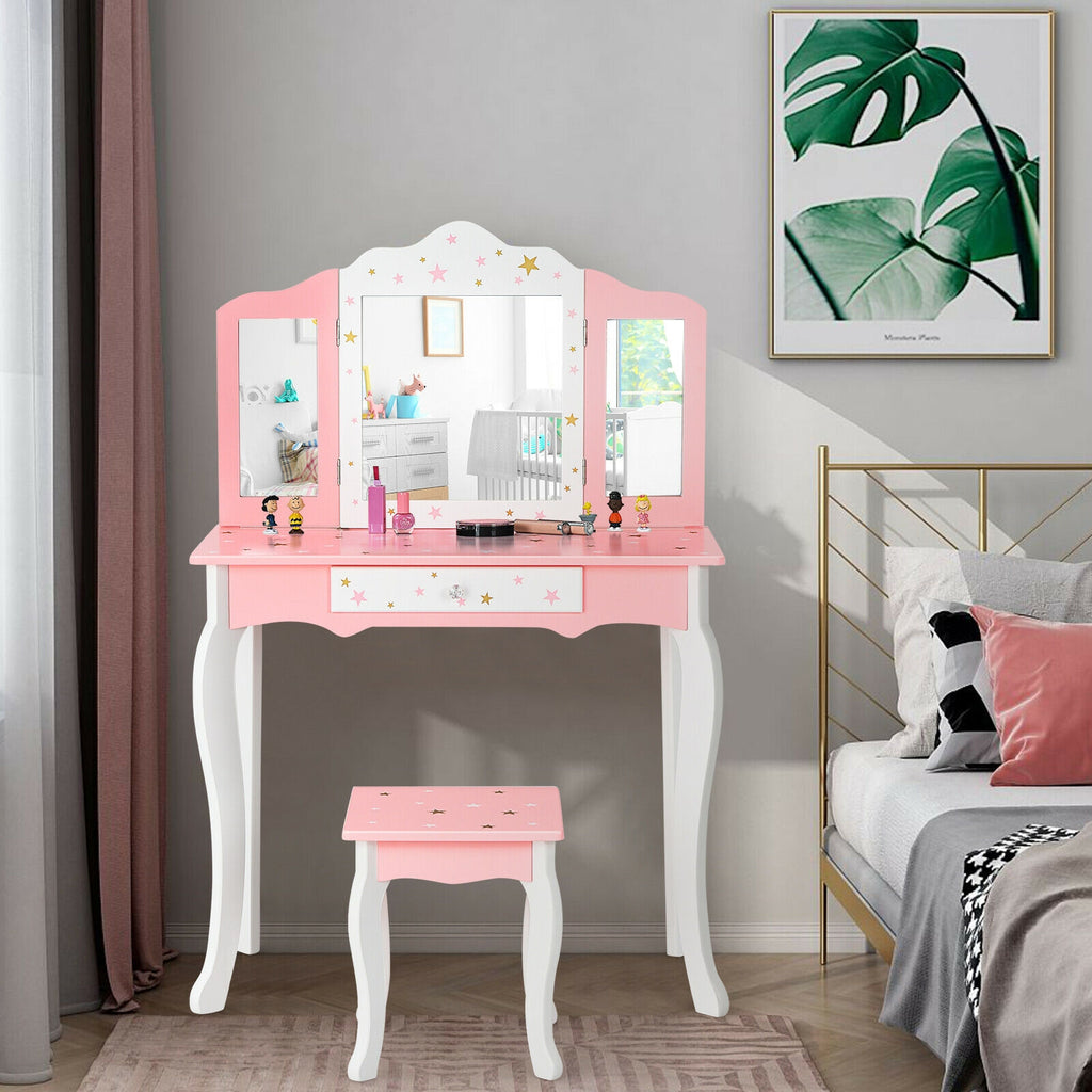 Kids Princess Vanity Table and Stool Set with Tri-Fold Mirror - Pink - Kids Bedroom Furniture