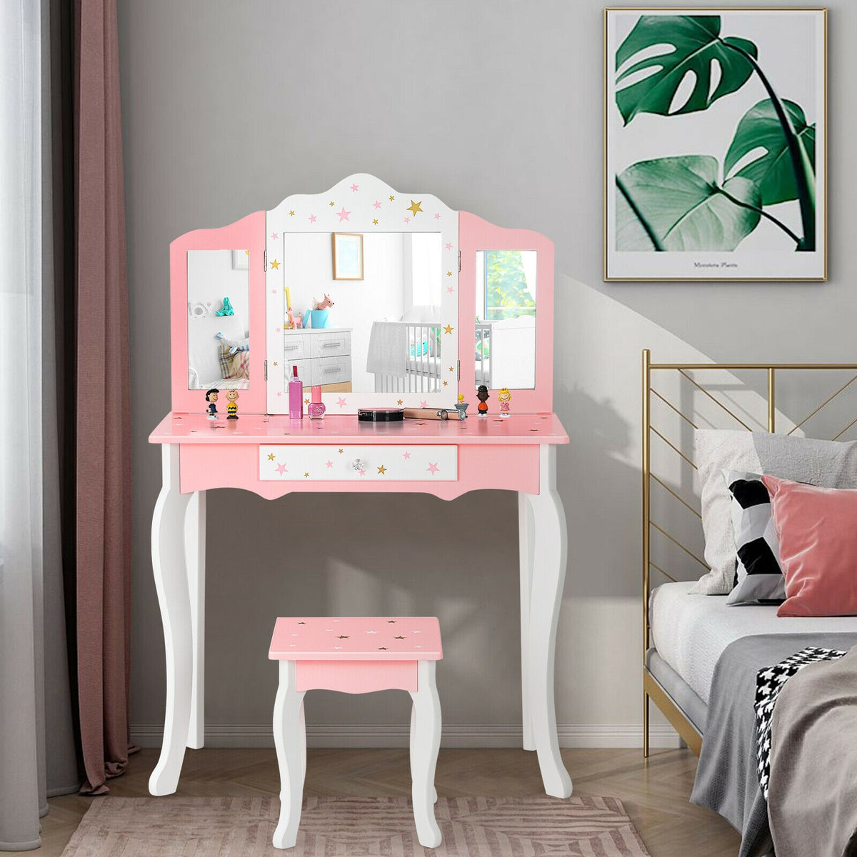 Kids Princess Vanity Table and Stool Set with Tri-Fold Mirror - Pink - Kids Bedroom Furniture