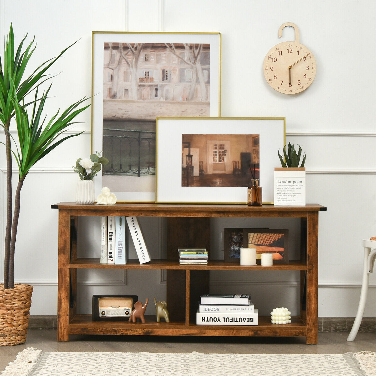 3-Tier Wood TV Stand for 55-Inch TVs with Open Shelves - Black