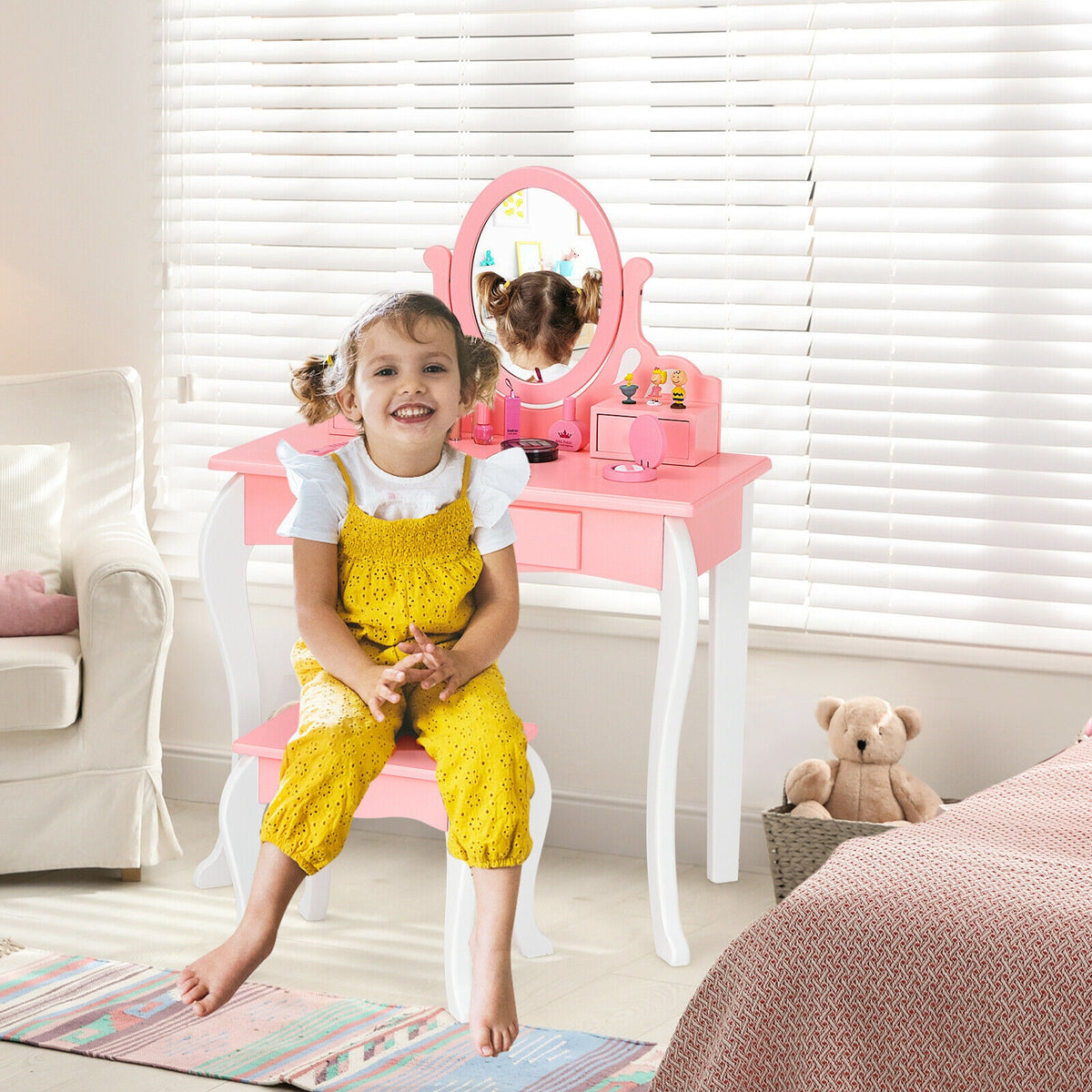 Kids Princess Makeup Dressing Vanity Set with Mirror and Drawer - Pink