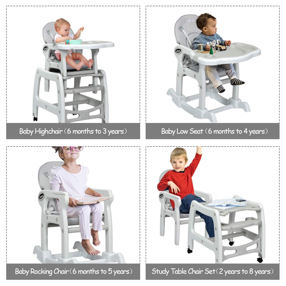 Gray 3-in-1 Baby High Chair with Lockable Wheels, Adjustable Tray & Safety Restraint