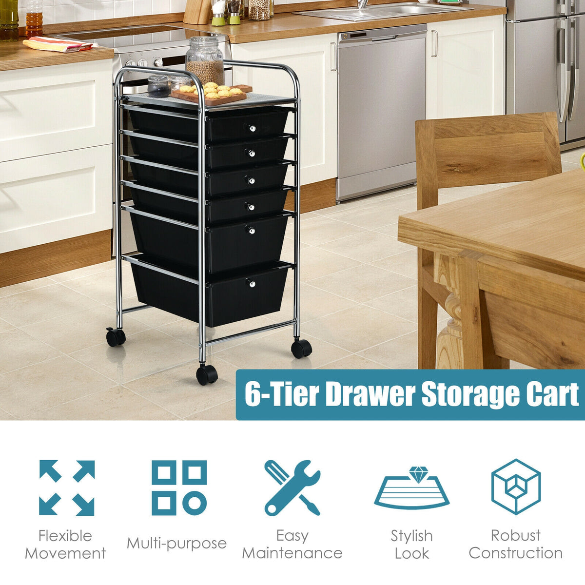 6-Drawer Rolling Storage Cart Organizer - Black
