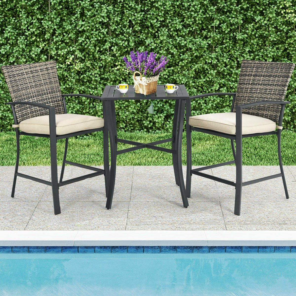 3 Pieces Rattan Bar Furniture Set with Slat Table and 2 Cushioned