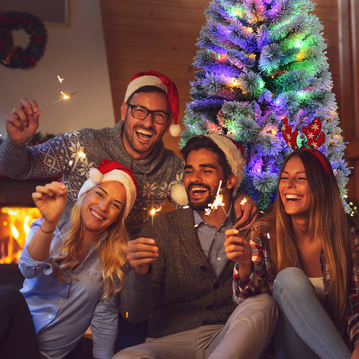 5/6/7.5/8 Feet Pre-lit Snow Flocked Christmas Tree with 9 Lighting Modes - Foldable & Sturdy Stand