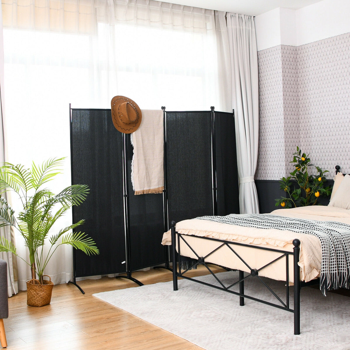 5.6 Feet 4 Panel Room Divider with Steel Frame - Black Variation