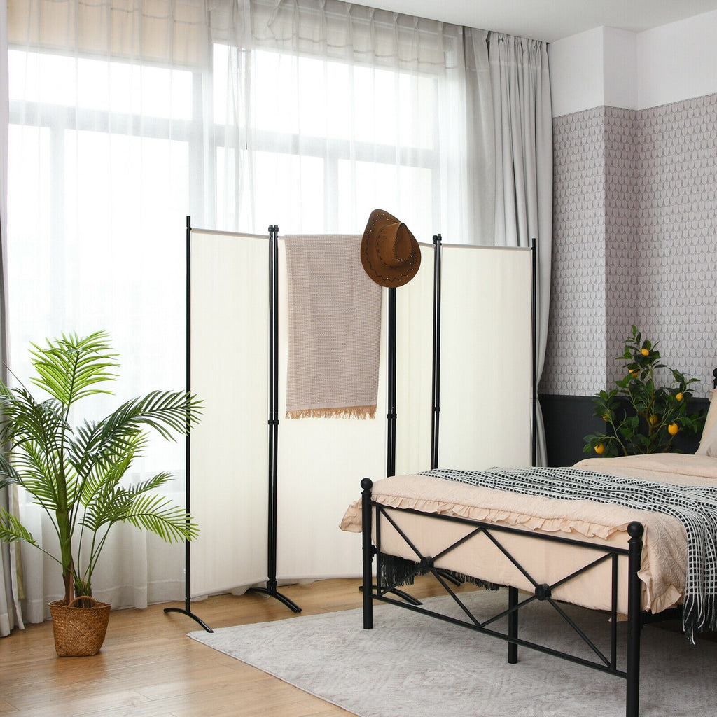 4-Panel Room Divider with Steel Frame - 5.6 Feet, White, Indoor & Outdoor Privacy Screen - Costway