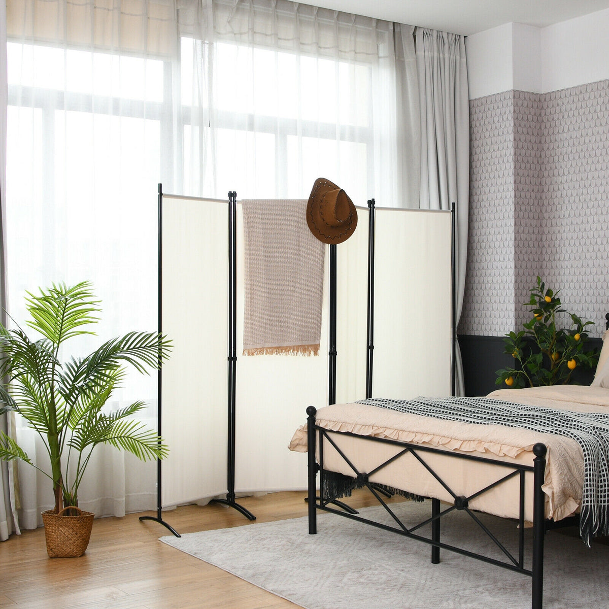 4-Panel Room Divider with Steel Frame - 5.6 Feet, White, Indoor & Outdoor Privacy Screen - Costway