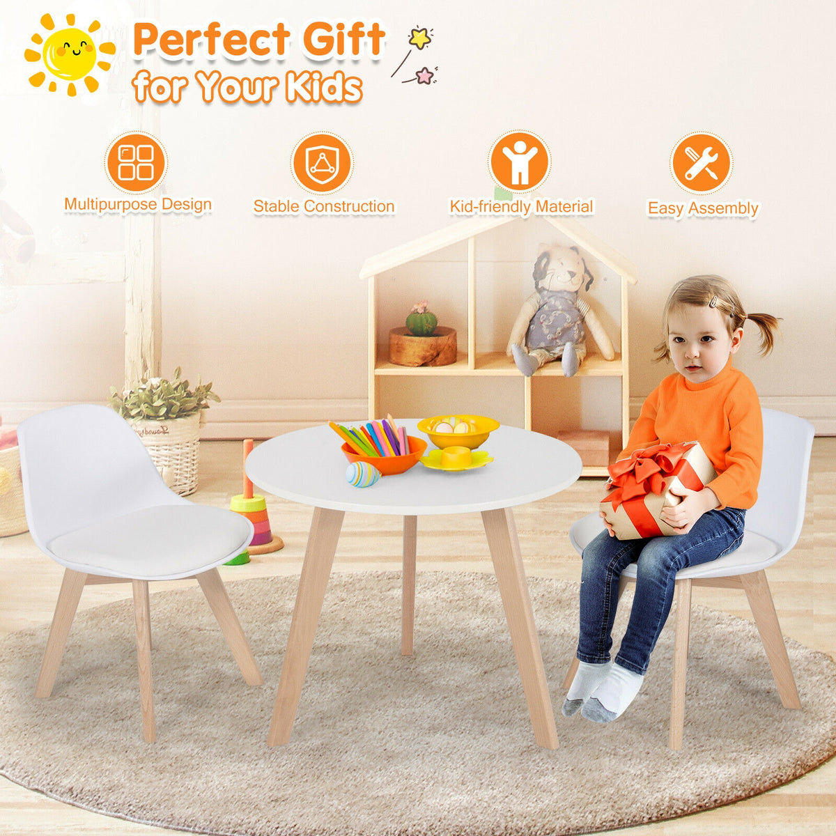 Kids Activity Play Table with Beech Legs and Cushions - White