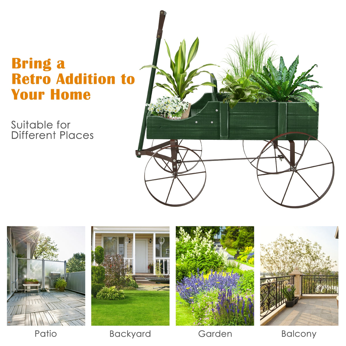 Wooden Garden Wagon Planter Bed with Metal Wheels - Green