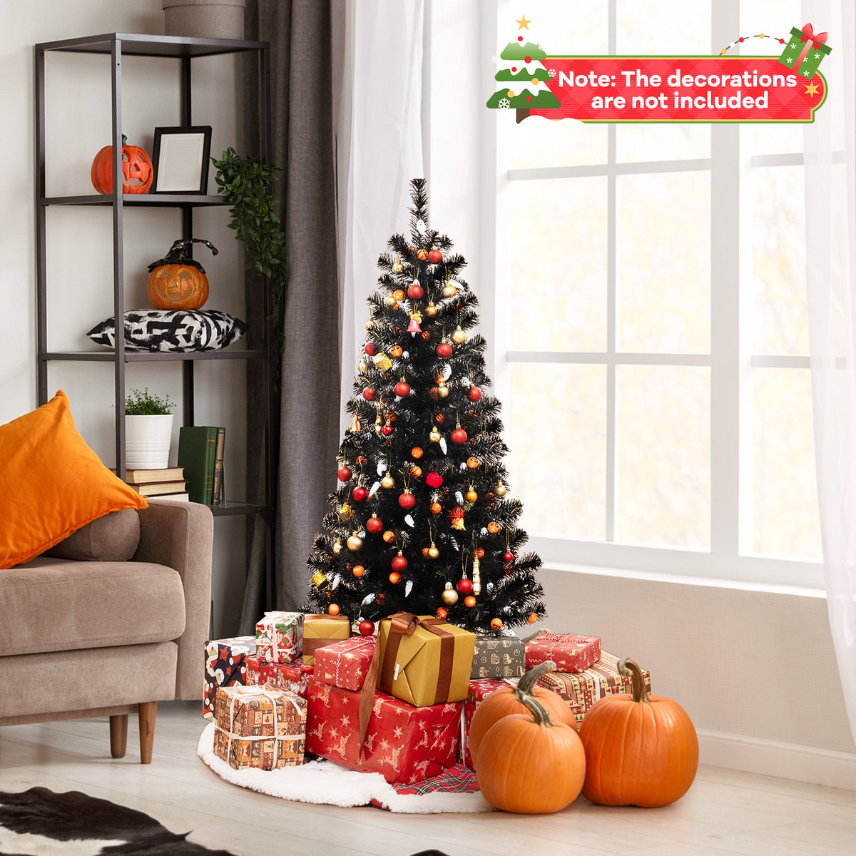 4.5 Feet Artificial Halloween Tree with 6 Lighting Modes & 5 Music Options - Black Leaves