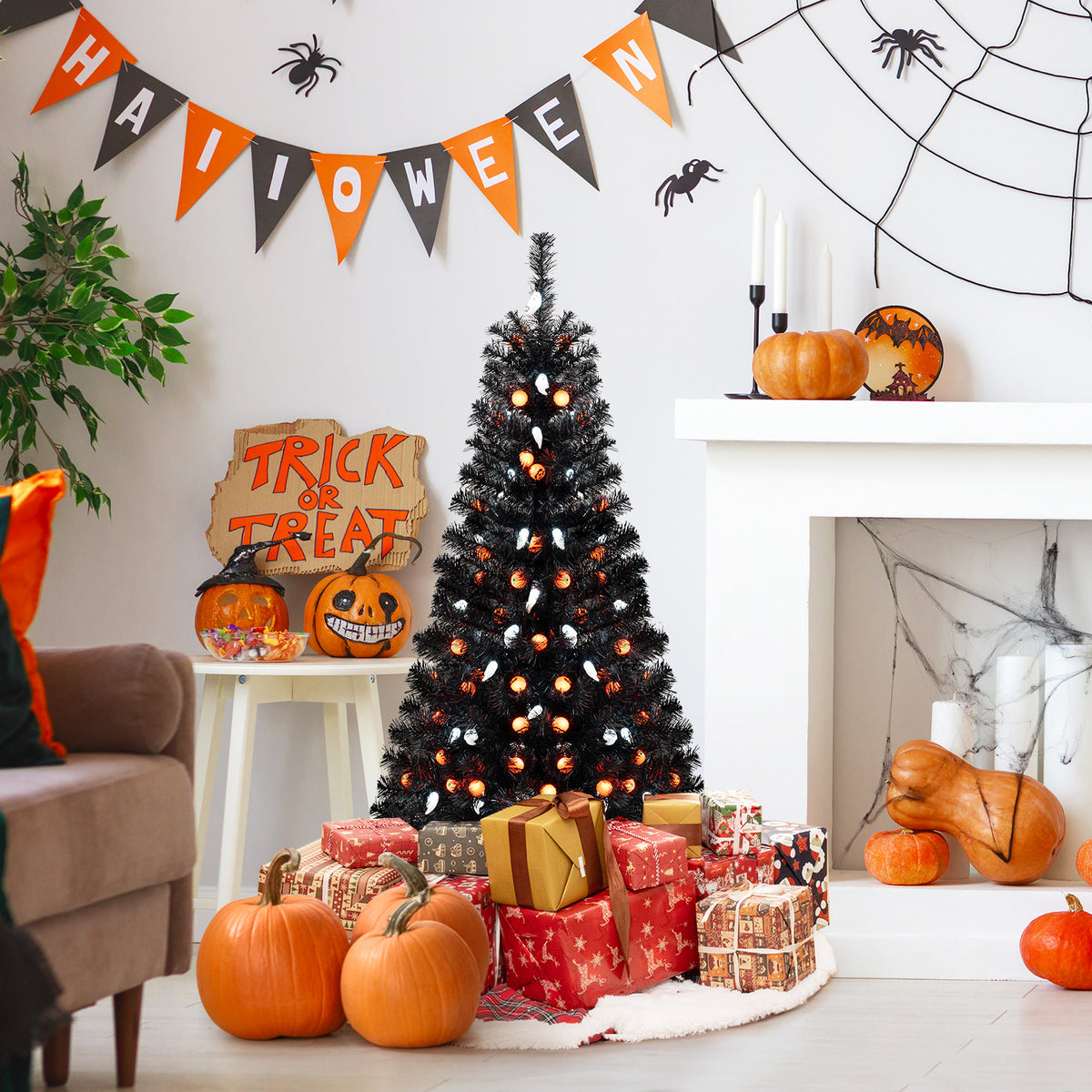 4.5 Feet Artificial Halloween Tree with 6 Lighting Modes & 5 Music Options - Black Leaves