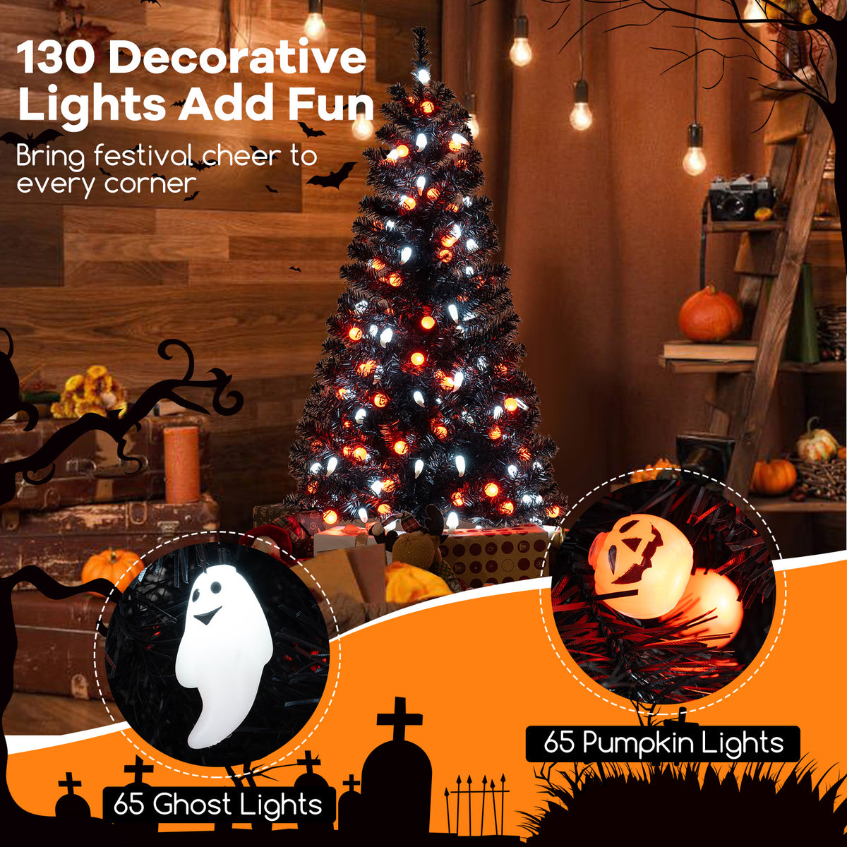 4.5 Feet Artificial Halloween Tree with 6 Lighting Modes & 5 Music Options - Black Leaves