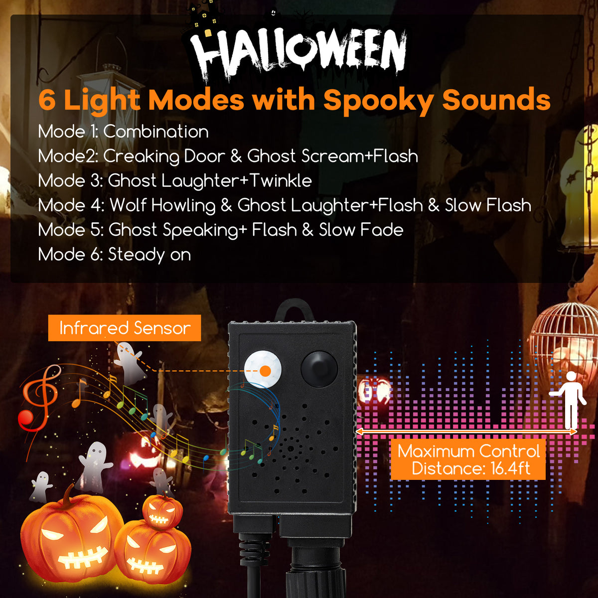 4.5 Feet Artificial Halloween Tree with 6 Lighting Modes & 5 Music Options - Black Leaves