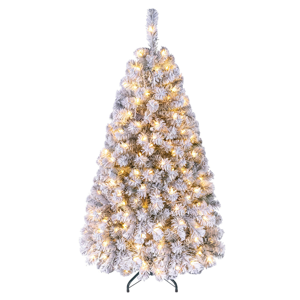 Pre-Lit Snow Flocked Christmas Tree with 150 LED Lights - 4.5 Feet