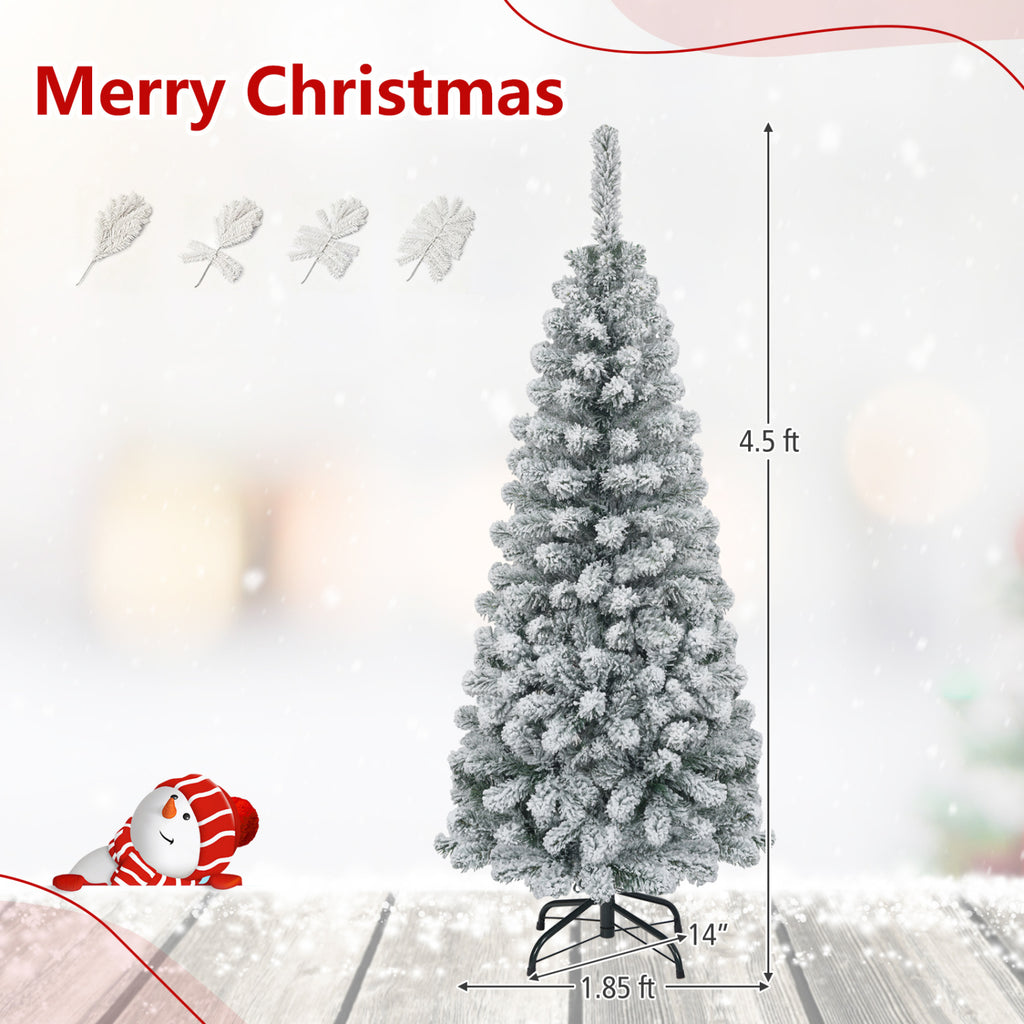 4.5 Feet Unlit Hinged Snow Flocked Artificial Christmas Tree with 242 Branches - Space-Saving Pencil Tree