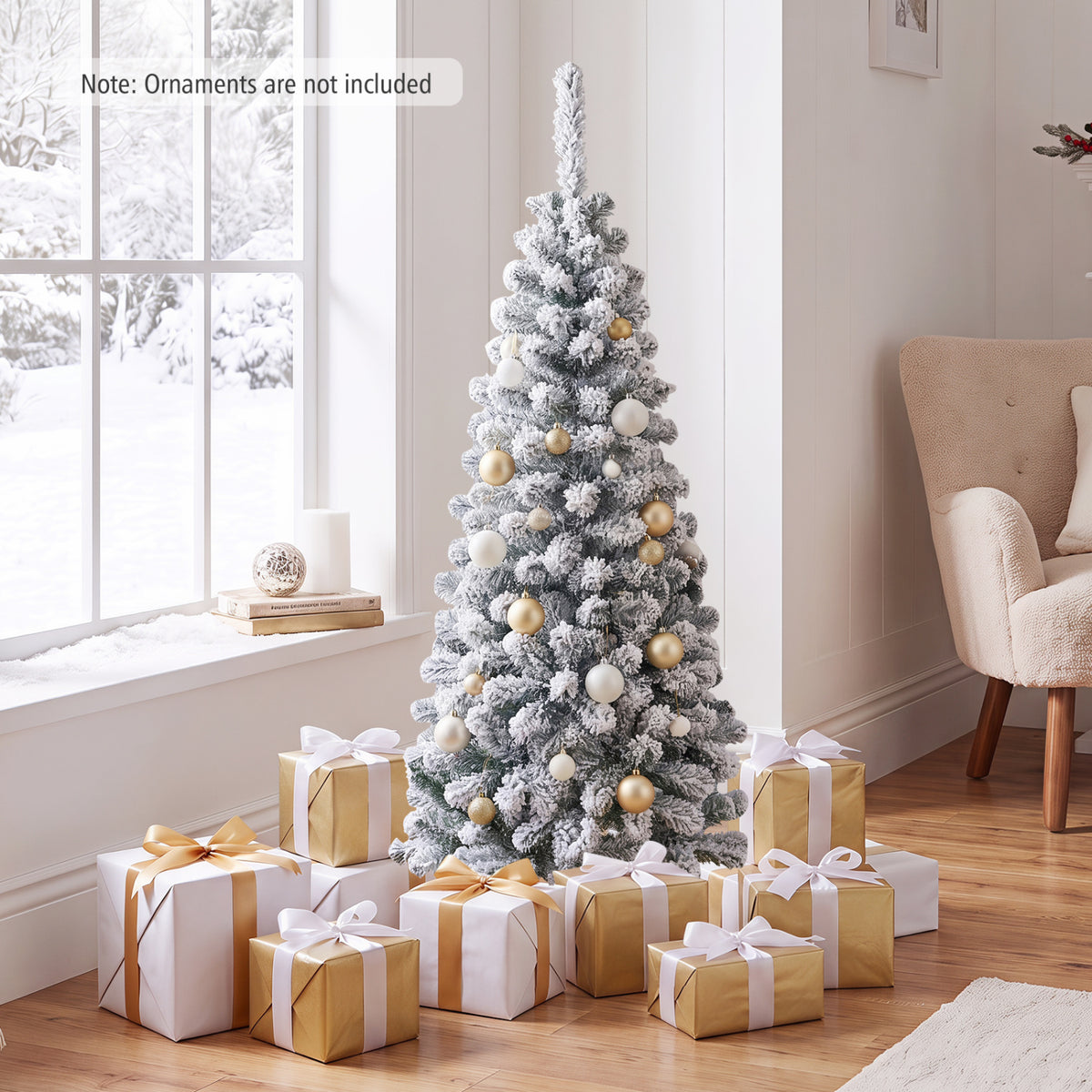 4.5 Feet Unlit Hinged Snow Flocked Artificial Christmas Tree with 242 Branches - Space-Saving Pencil Tree