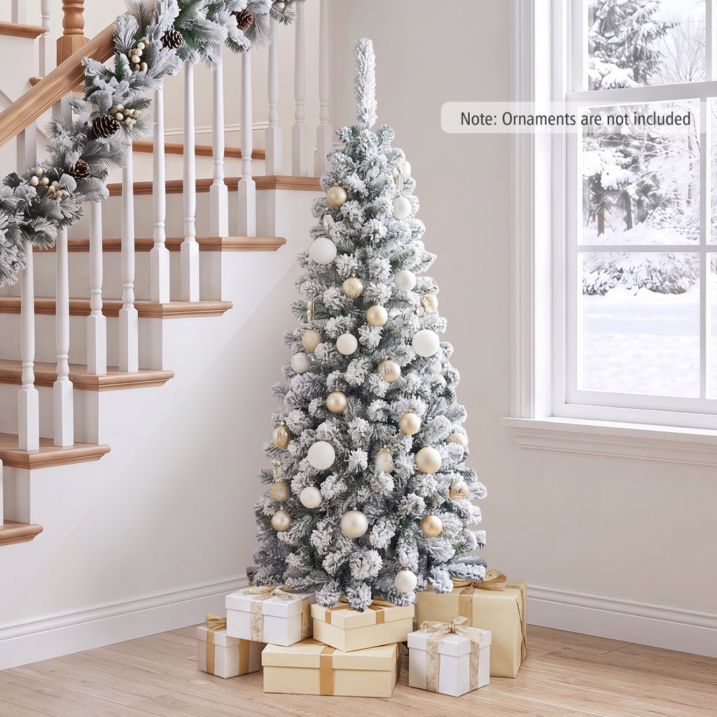 4.5 Feet Unlit Hinged Snow Flocked Artificial Christmas Tree with 242 Branches - Space-Saving Pencil Tree
