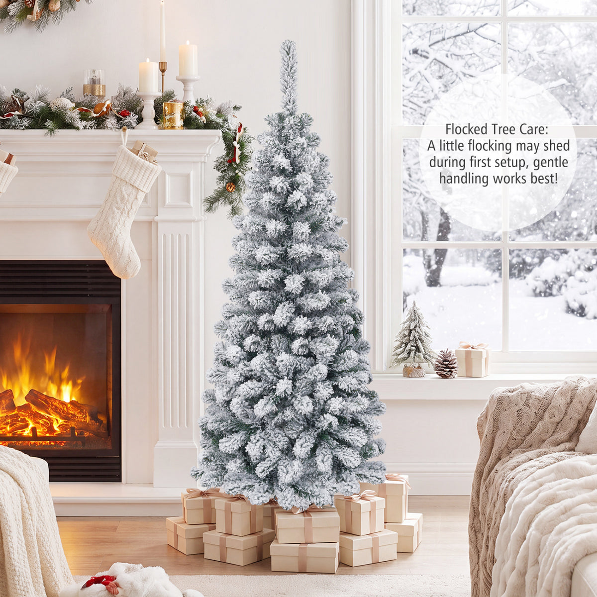 4.5 Feet Unlit Hinged Snow Flocked Artificial Christmas Tree with 242 Branches - Space-Saving Pencil Tree
