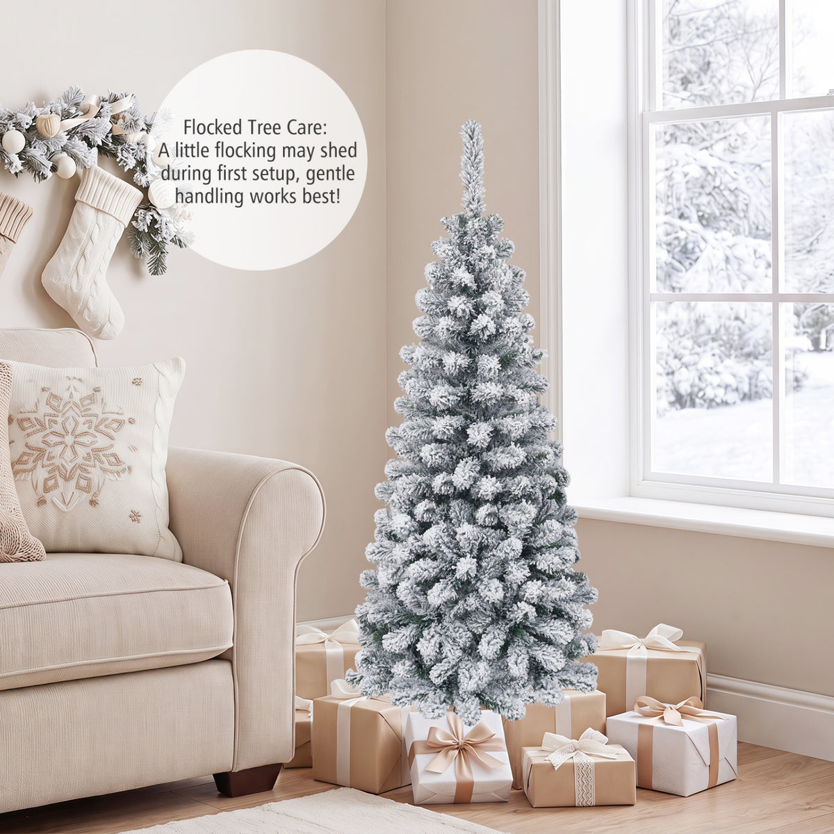 4.5 Feet Unlit Hinged Snow Flocked Artificial Christmas Tree with 242 Branches - Space-Saving Pencil Tree