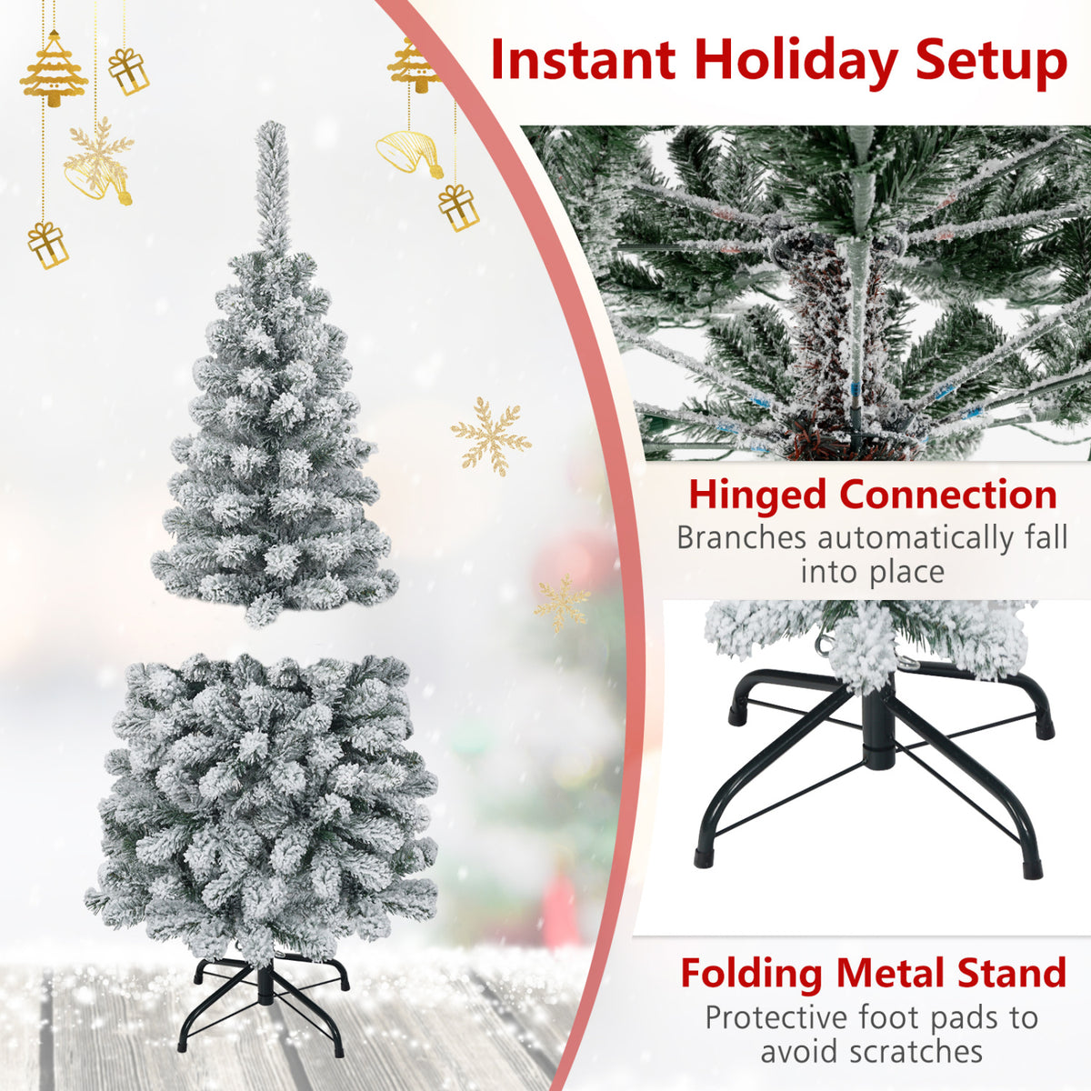4.5 Feet Unlit Hinged Snow Flocked Artificial Christmas Tree with 242 Branches - Space-Saving Pencil Tree