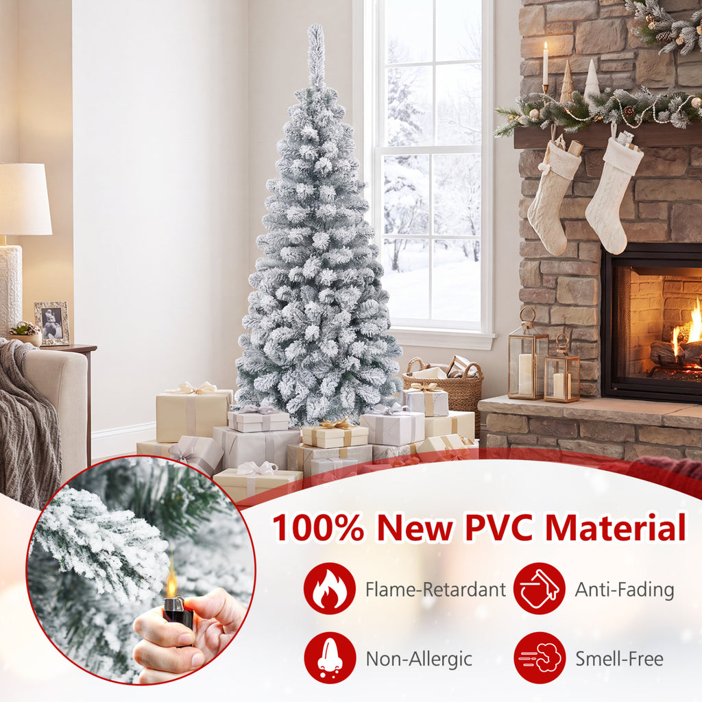 4.5 Feet Unlit Hinged Snow Flocked Artificial Christmas Tree with 242 Branches - Space-Saving Pencil Tree
