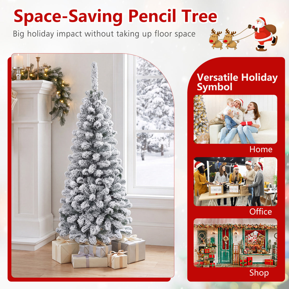 4.5 Feet Unlit Hinged Snow Flocked Artificial Christmas Tree with 242 Branches - Space-Saving Pencil Tree