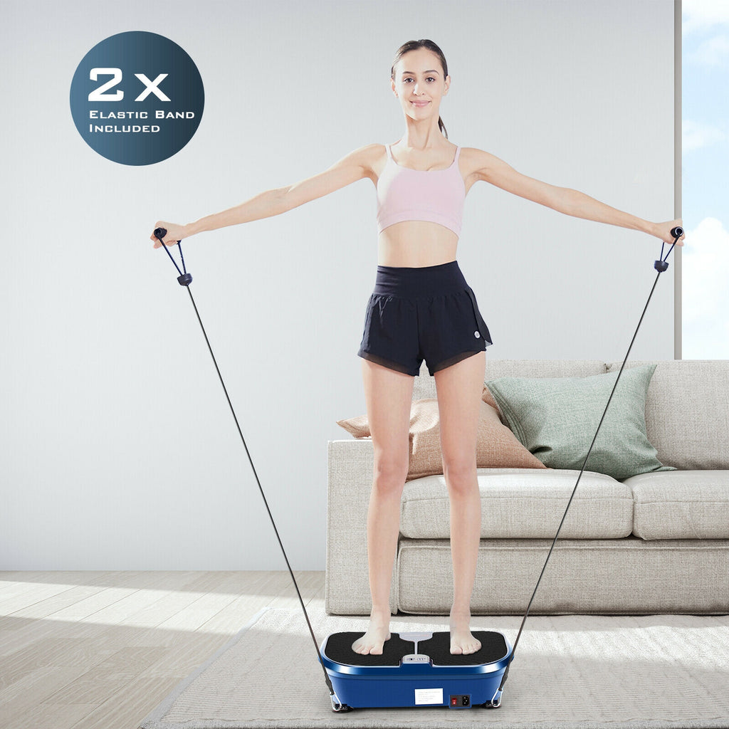 Mini Vibration Plate Exercise Machine with Remote & Loop Bands - 9 Presets, Blue, Compact Fitness Equipment