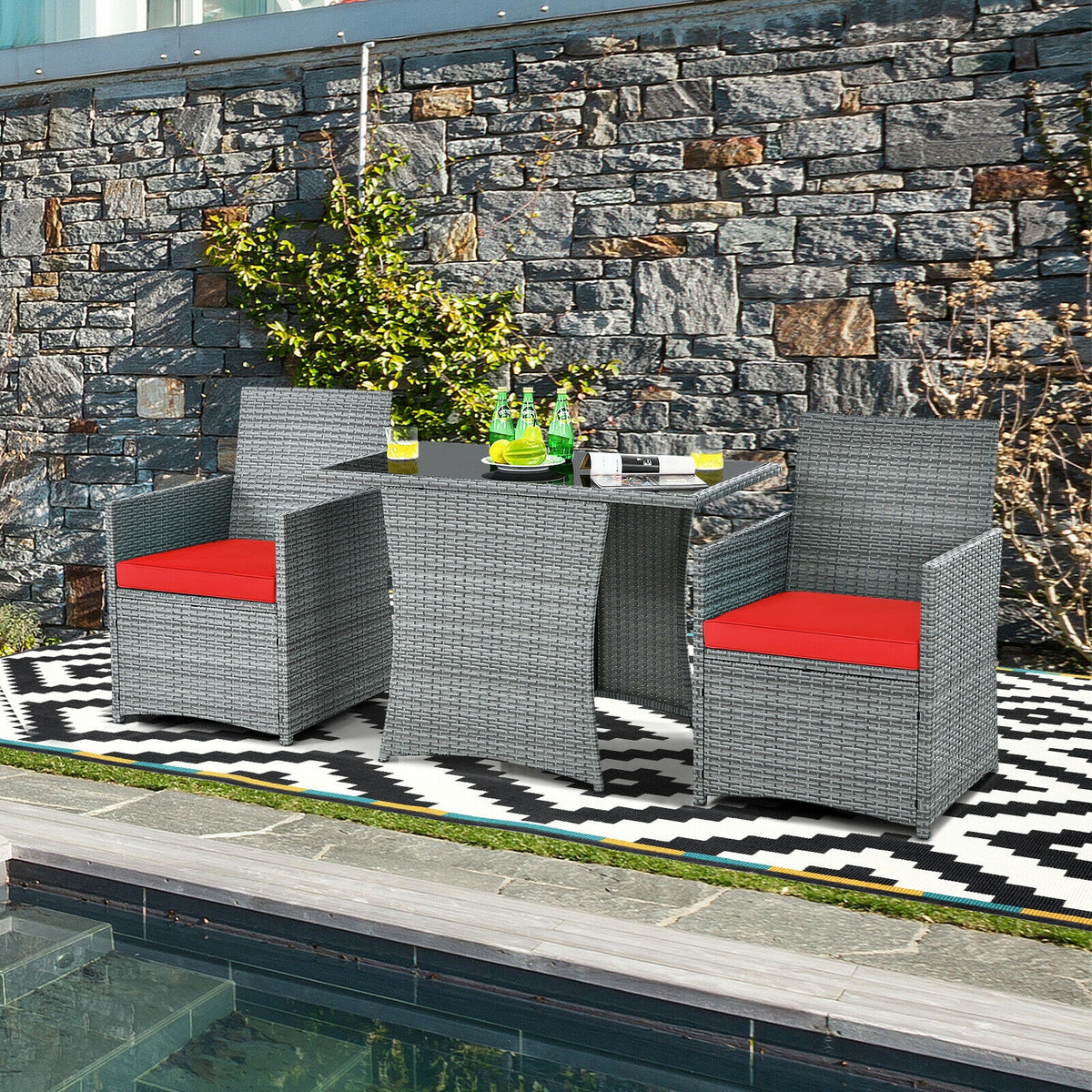 3-Piece Patio Rattan Furniture Set with Sofa - Red