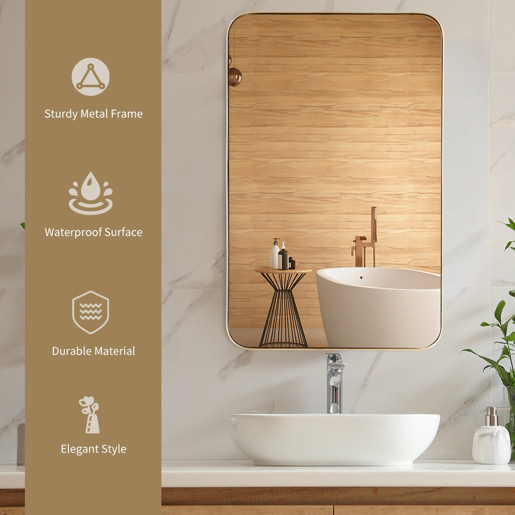 Golden 32x20 Inch Metal Frame Wall-Mounted Rectangle Mirror