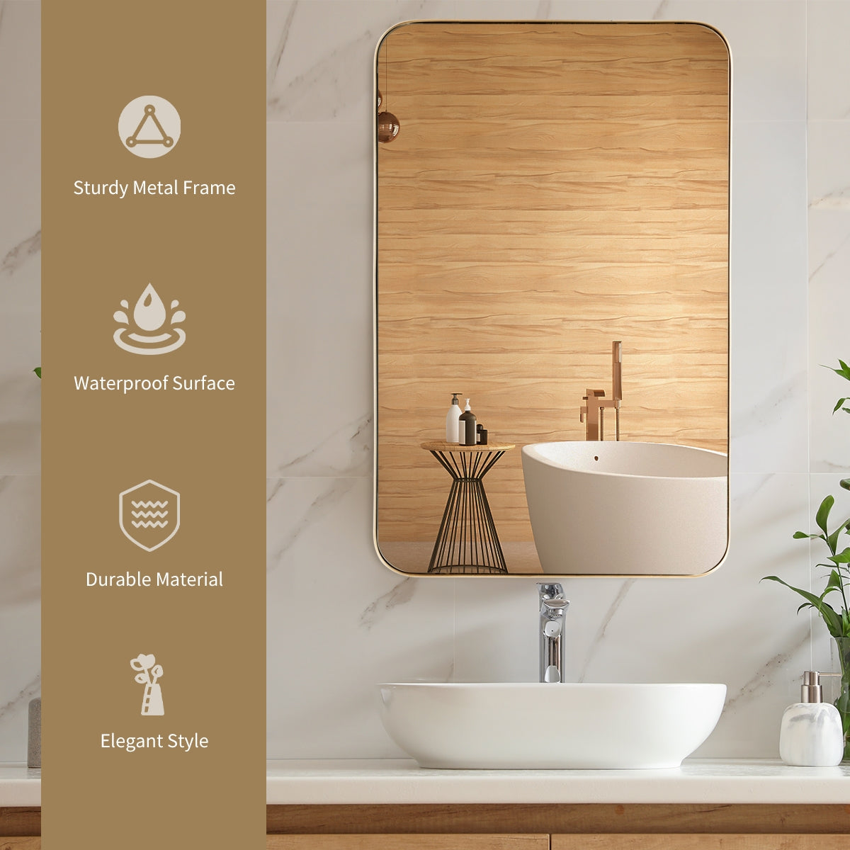 Golden 32x20 Inch Metal Frame Wall-Mounted Rectangle Mirror