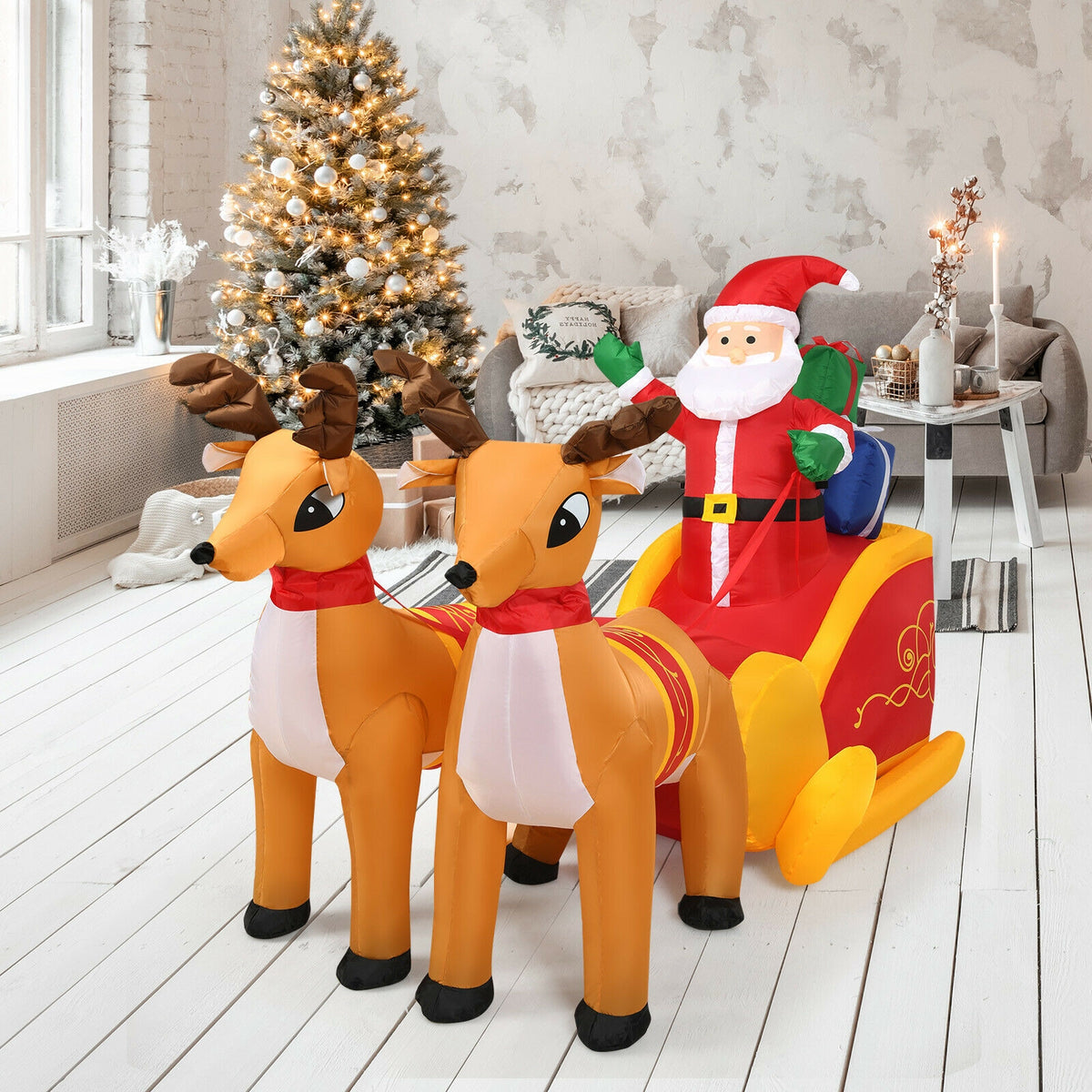 Inflatable Santa with Double Reindeer and Sled - Waterproof Outdoor Christmas Decor - Variation: Santa Claus with Double Reindeer Sleigh