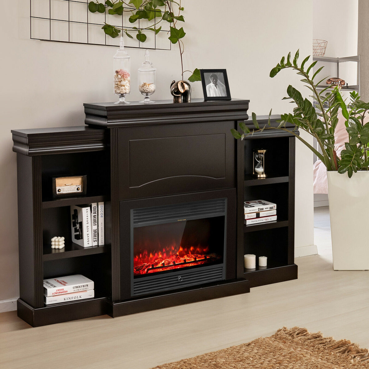 70" Modern Fireplace Media Entertainment Center with Bookcase - Brown