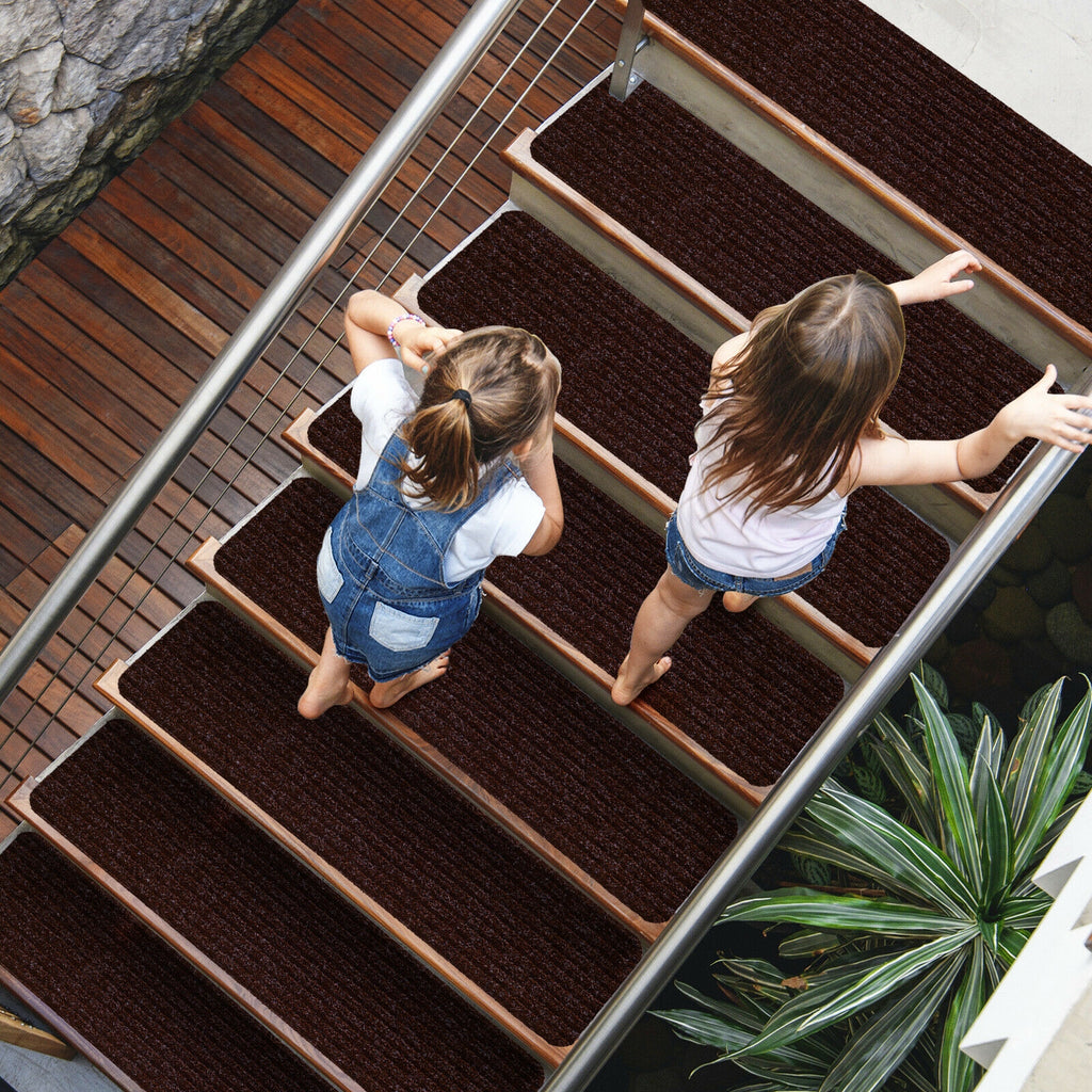 Brown Non-Slip Stair Treads Carpet Set - 15 Pieces, 30 x 8 Inch, Reusable & Waterproof