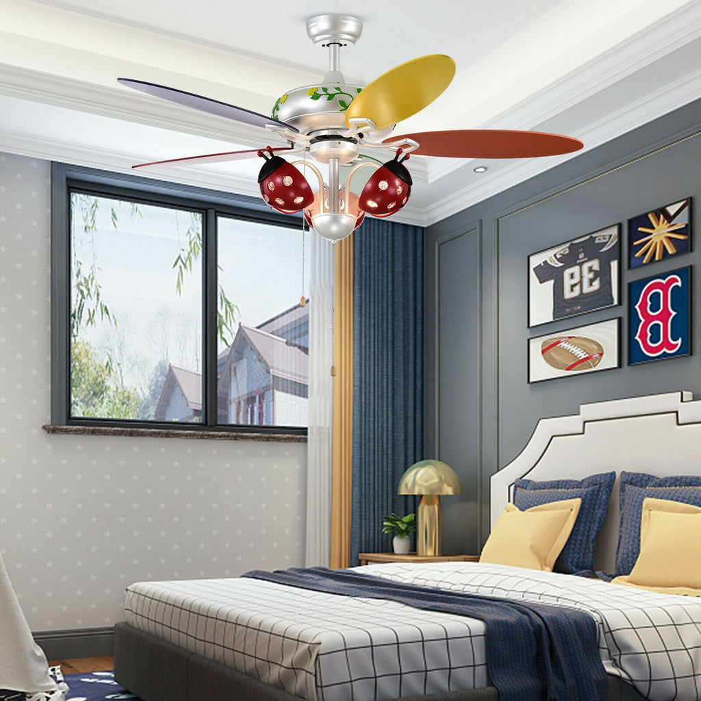 Kids Ceiling Fan with Be Beetle Lampshade, Colorful Blades & Reversible Motor