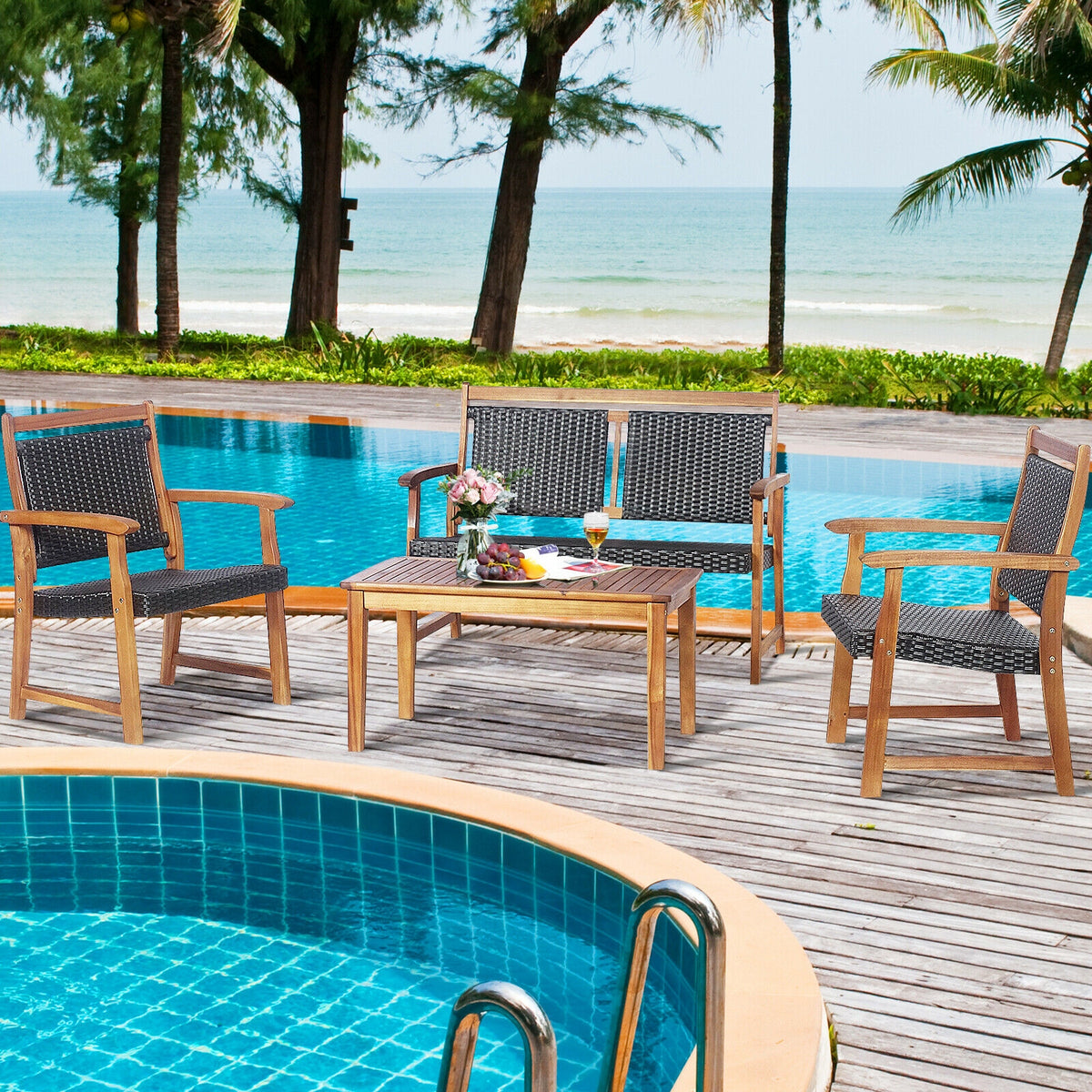 4 Pieces Outdoor Patio Rattan Furniture Sofa Set with Acacia Wood