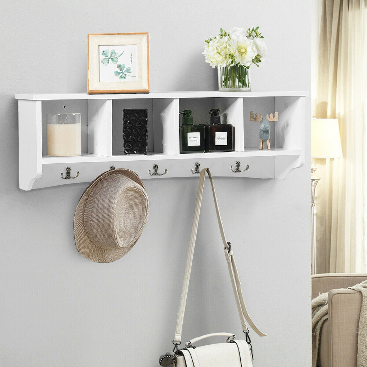Wall Mounted Storage Cabinet with Coat Rack - White