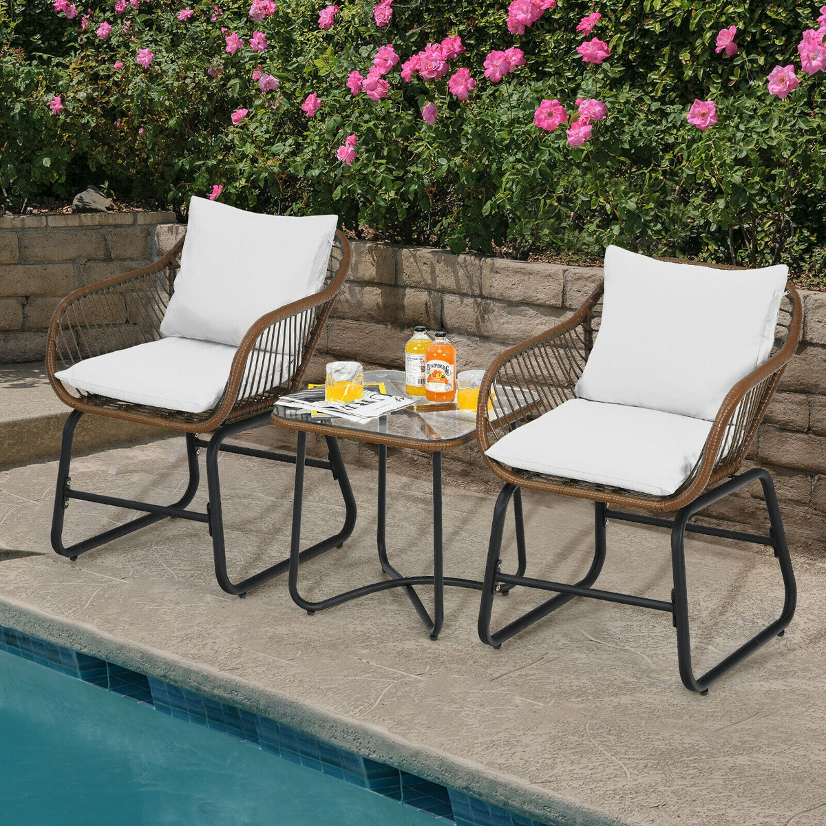 Patio Bistro Set with Cushions and Glass Table, White
