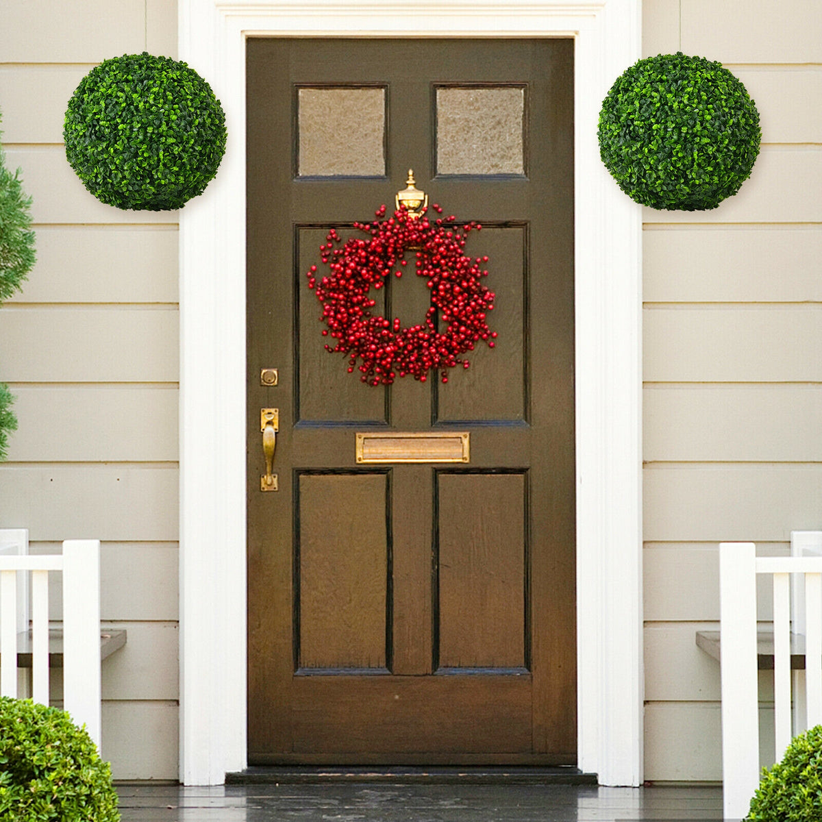 Artificial Topiary Balls 15.5 Inch Faux Boxwood Plants - No Flower, 2 Pieces