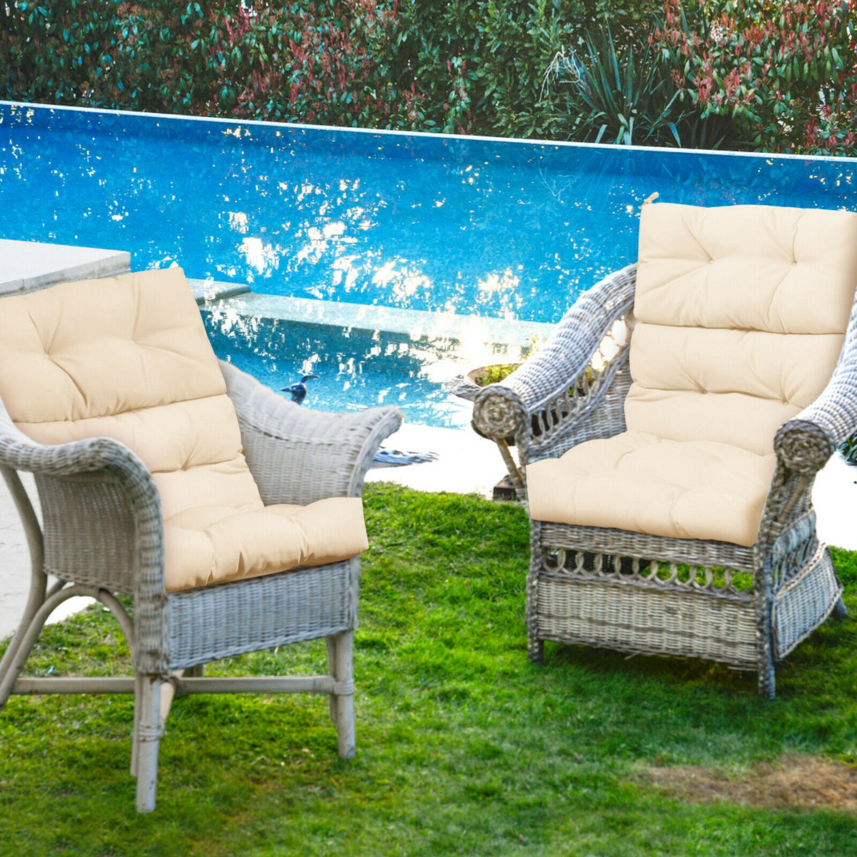 High Back Chair Cushion with Non-Slip Ties - Beige