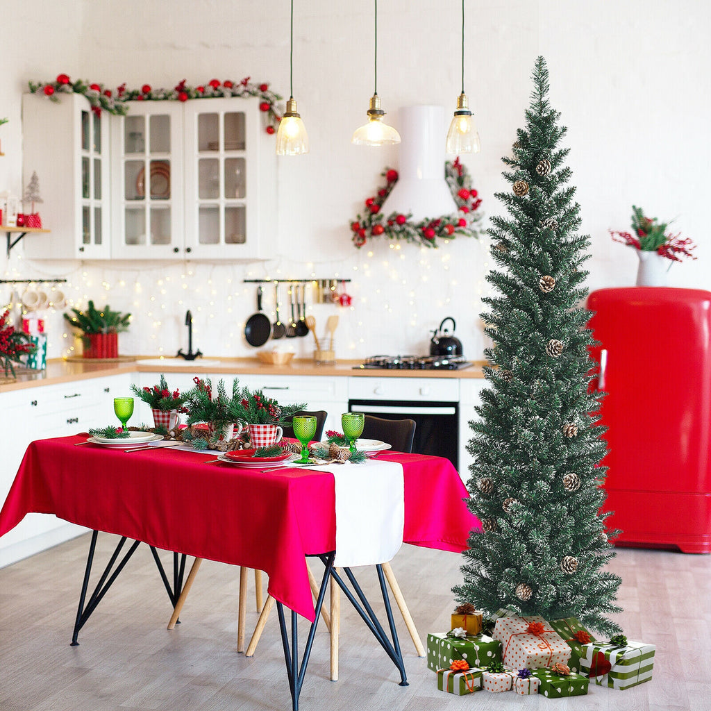 5 ft Snowy Artificial Pencil Christmas Tree with Pine Cones - Space-Saving Holiday Decor