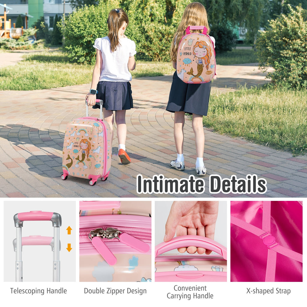 Kids Travel Luggage Set with Backpack and Suitcase - Mermaid Pattern, 12/18 Inch