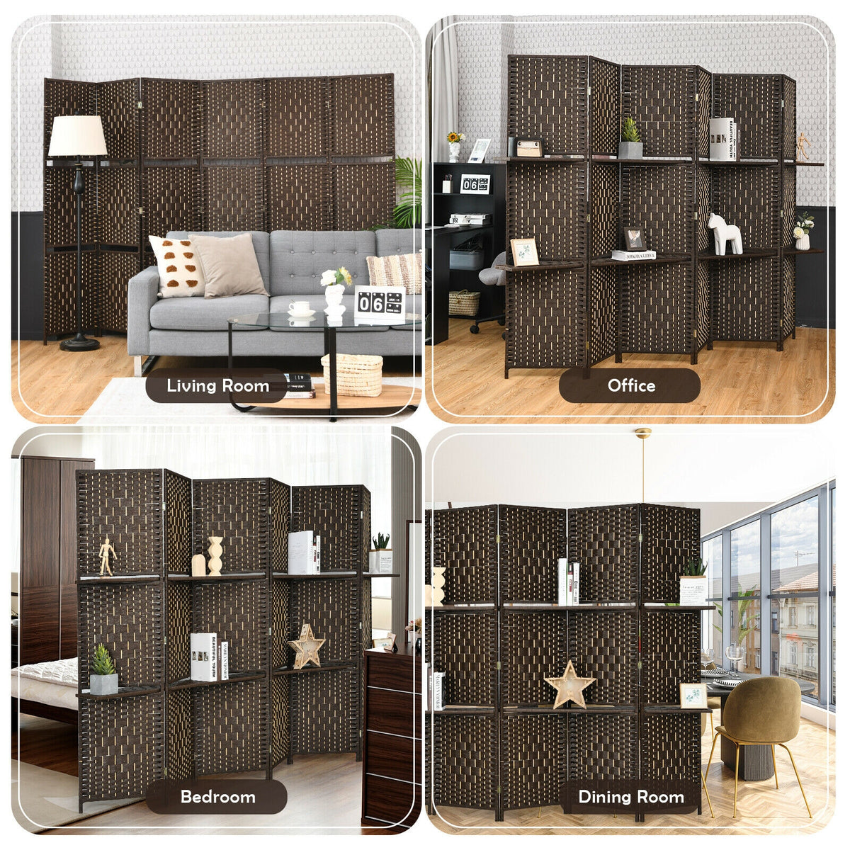 Brown 6-Panel Folding Fiber Room Divider with 2 Display Shelves - Natural Home Decor