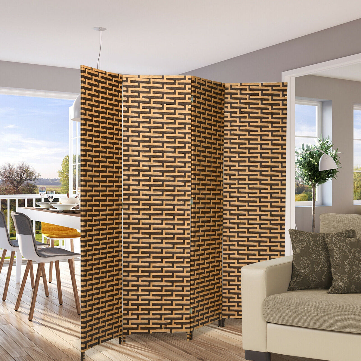 Yellow 4 Panel Folding Privacy Room Divider with Rustproof Hinges