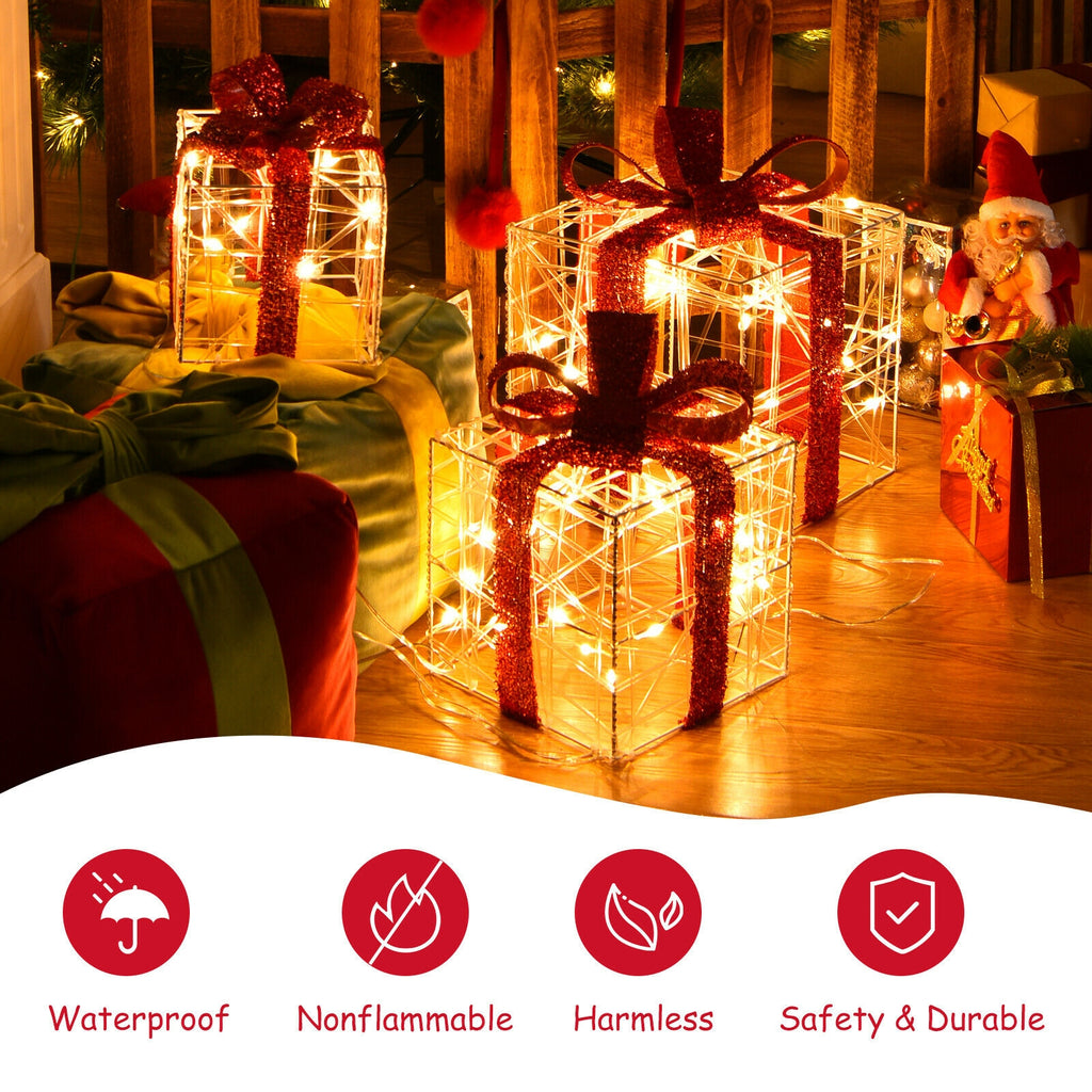 Set of 3 Christmas Lighted Gift Boxes Decorations with 60 LED Lights - Indoor & Outdoor