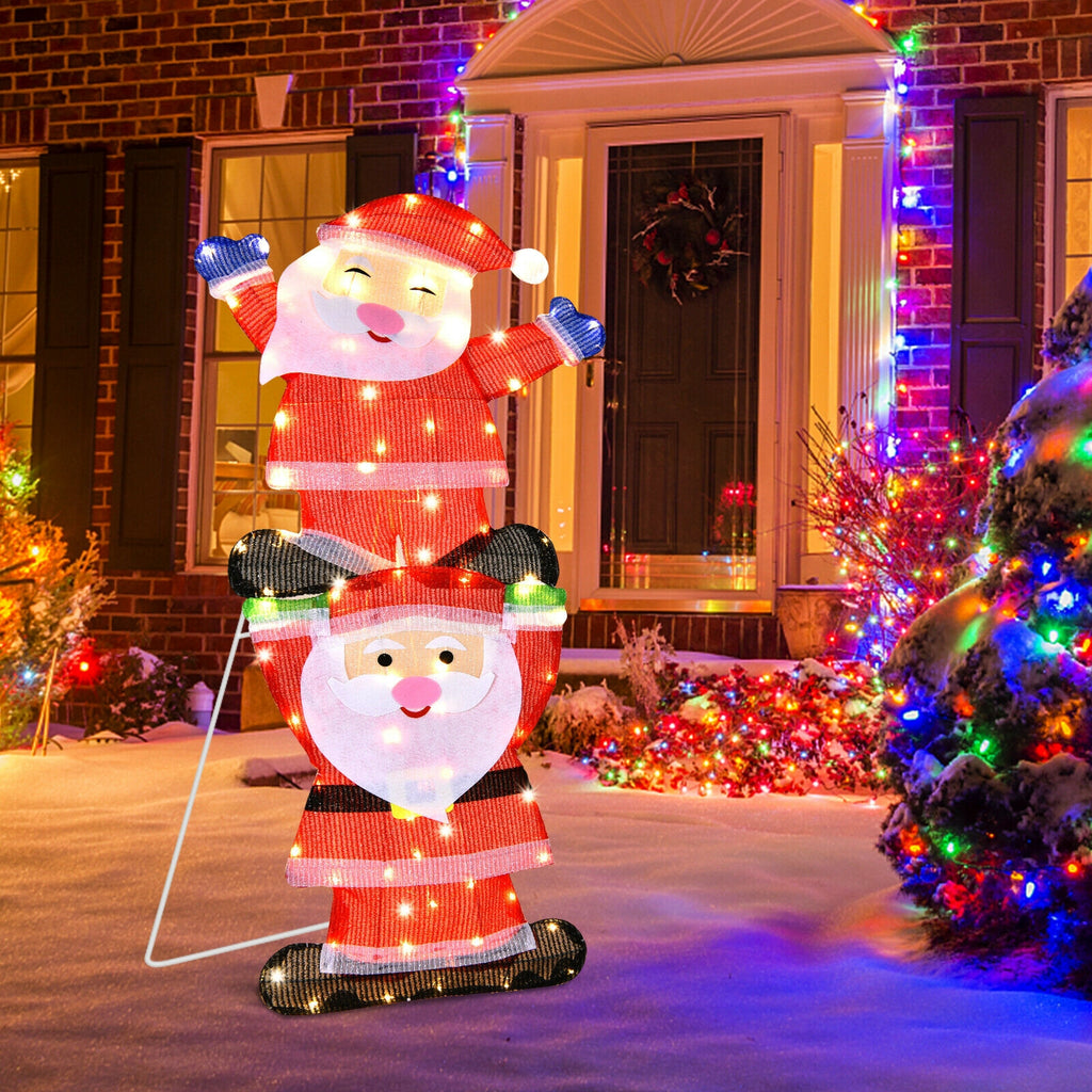 Metal Frame Double Santa LED Yard Decoration with String Lights & Stakes - Christmas Outdoor Decor