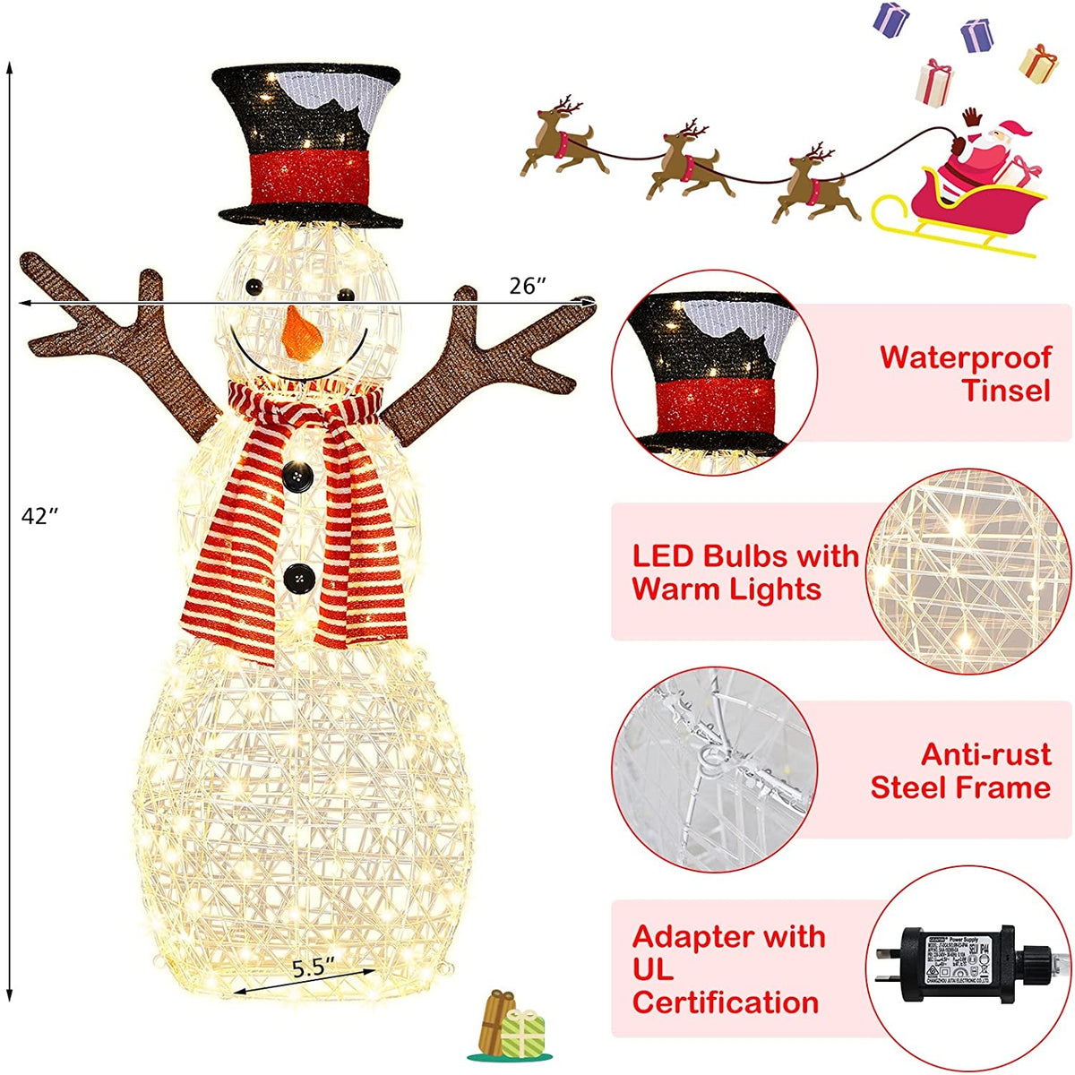 Indoor/Outdoor Christmas Snowman Lighted Decoration - Warm Light, 80 LEDs